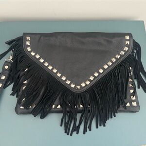Pleather Fringe Studded Clutch with Wrist strap